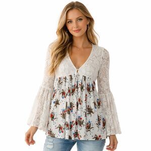 Hayden Los Angeles Tunic Blouse Womens Small White Floral V Neck Bell Sleeve Top